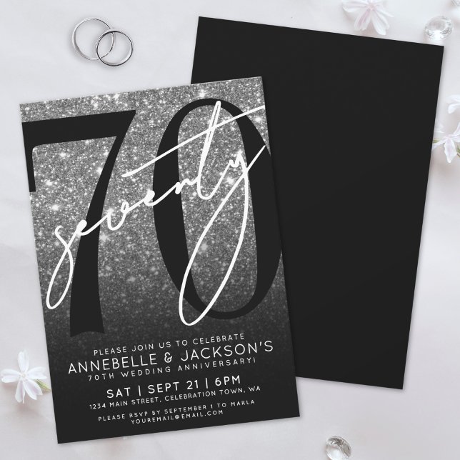 Convites Aniversário de 70 Anos de Casamento Preto e Branco (Black White 70th Wedding Anniversary Invitation)