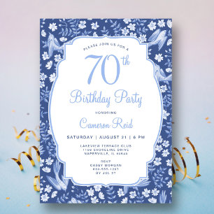 Convites Aniversário de 70 anos Elegante Floral Azul Femini