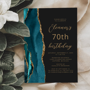 Convites Aniversário de 70 anos em Azul Verde Dourado Ágata