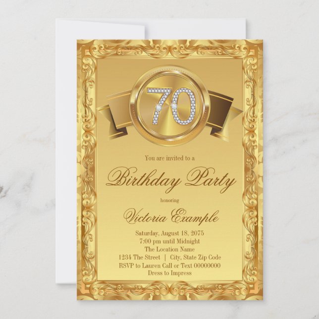 Convites Aniversário de 70 anos Fancy Gold Diamond Swirl (Frente)