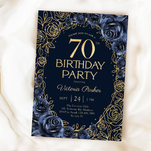 Convites Aniversário de 70 anos floral azul marinho dourado
