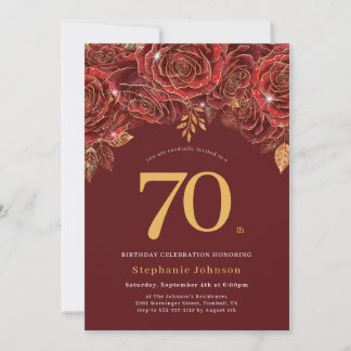 Convites Aniversário de 70 anos Floral Elegante Dourado Bor