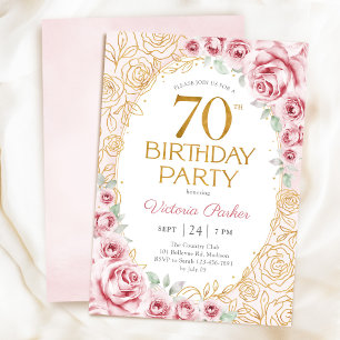 Convites Aniversário de 70 anos Floral Rosa Bege Dourado Fe