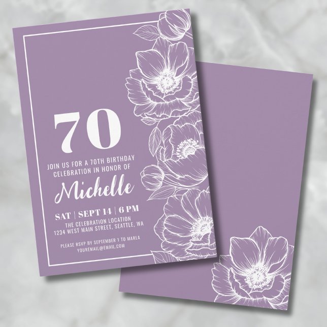 Convites Aniversário de 70 anos Floral Roxo (Floral Purple 70th Birthday Invitation)