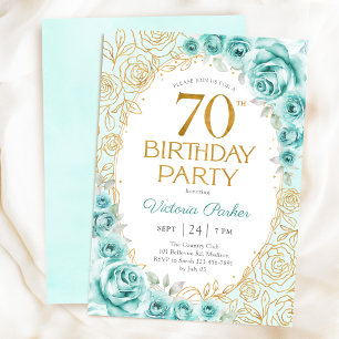 Convites Aniversário de 70 anos Floral Turquesa Dourado