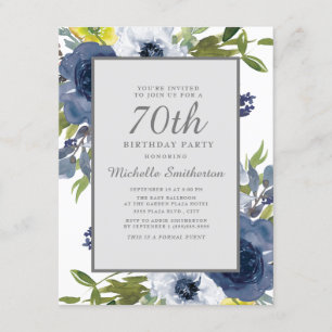 Convites Aniversário de 70 anos Navy Amarelo Branco Floral