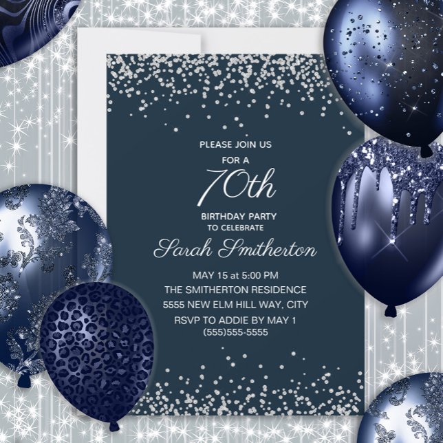 Convites Aniversário de 70 anos Navy Blue Silver Diamond Gl (Navy blue and silver glitter women's 70th birthday invitation)