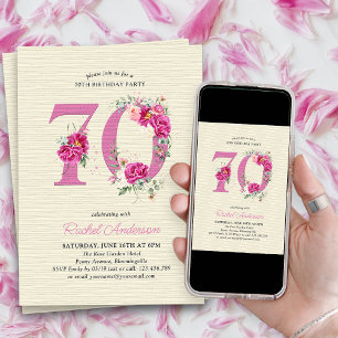 Convites Aniversário de 70 anos Peônia Rosa Número 70 Flora