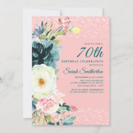 Convites Aniversário de 70 anos Pink Teal Cream Floral