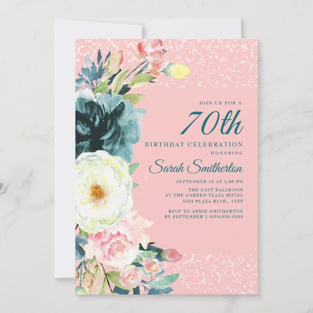 Convites Aniversário de 70 anos Pink Teal Cream Floral (Frente)