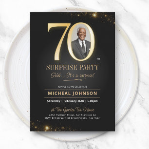 Convites Aniversário de 70 anos Preto Dourado Elegante Foto