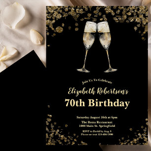Convites Aniversário de 70 anos preto e dourado elegante e 
