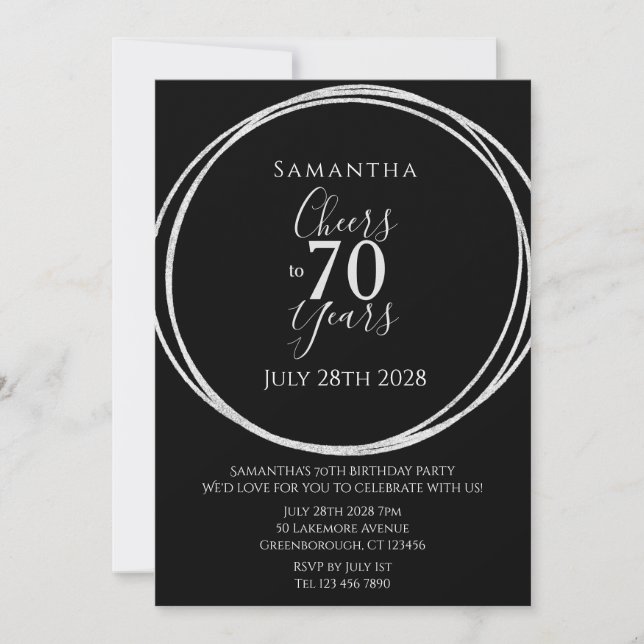 Convites Aniversário de 70 anos Preto Prata Cheers 70 Anos  (Frente)
