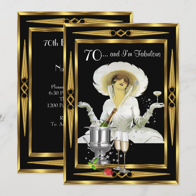 Convites Aniversário de 70 anos Retro Diva Art Deco Preto D (Frente/Verso)