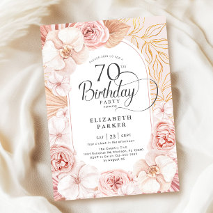 Convites Aniversário de 70 anos Rosa Bege Dourado Floral