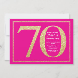 Convites Aniversário de 70 anos rosa quente e brilho dourad