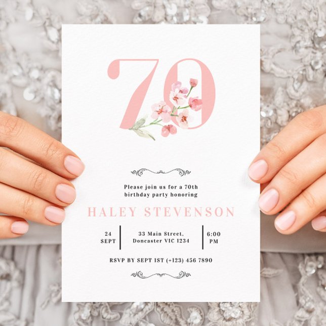 Convites Aniversário de 70 anos Simples Rosa e Branco Flora (Criador carregado)