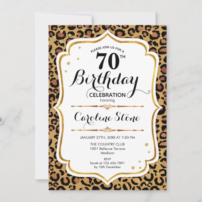 Convites Aniversário de 70 - Impressão Leopardo Dourada (Frente)