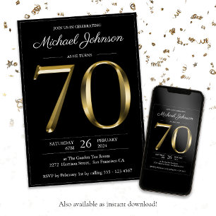 Convites Aniversário de 70 preto Texto Dourado Sólido Cl