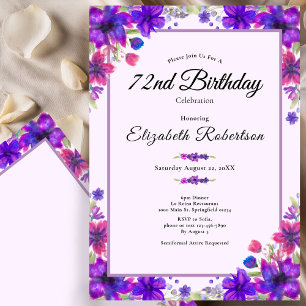 Convites Aniversário de 72 anos Elegante Floral Roxa