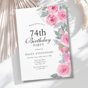 Convites Aniversário de 74 anos Floral Chic Feminino Rosa A