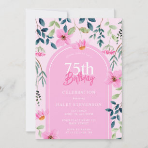 Convites Aniversário de 75 anos Botânico Floral Rosa Luxuri