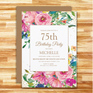 Convites Aniversário de 75 anos com Flores Rosa Amarelo Bri