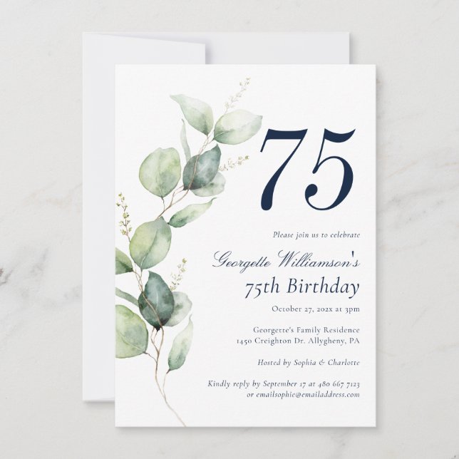 Convites Aniversário de 75 anos com script de verde em aqua (Frente)