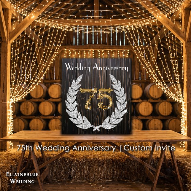 Convites Aniversário de 75 anos de Casamento | Madeira Rúst (75th Wedding Anniversary Invite | Rustic Wood & Diamond Laurel. Size: 5.25” x 5.25”)