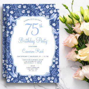 Convites Aniversário de 75 anos Elegante Feminino Floral Pá