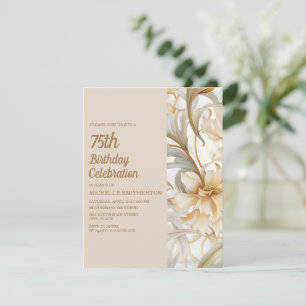 Convites Aniversário de 75 anos em Floral Aquarela Bege Ele