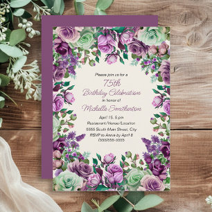 Convites Aniversário de 75 anos em Floral Aquarela Roxo Ver
