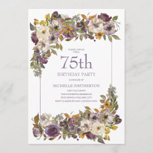 Convites Aniversário de 75 anos em Roxo Amarelo Marfim Flor