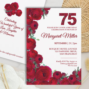 Convites Aniversário de 75 anos Floral Vermelho Ousado Eleg