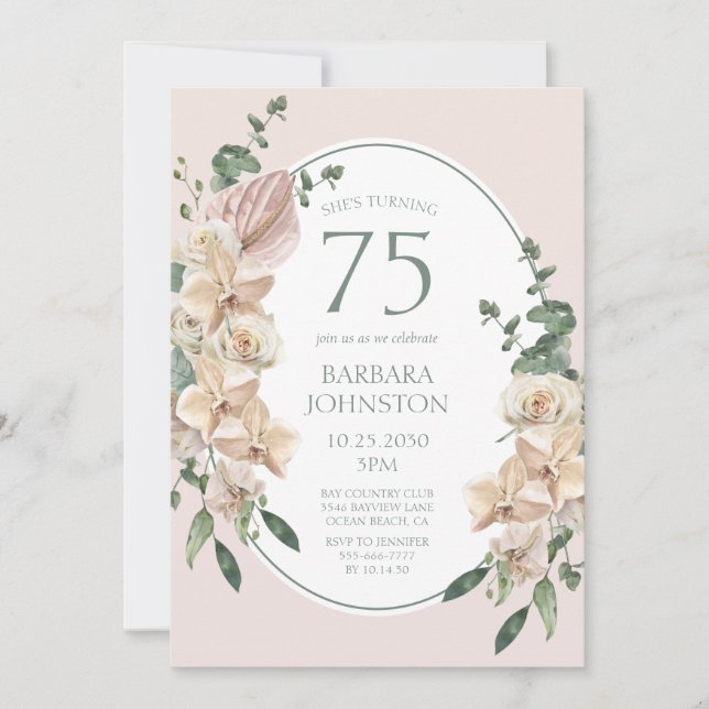 Convites Aniversário de 75 anos Tropical Floral (Frente)