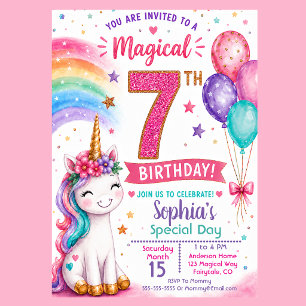 Convites Aniversário de 7 anos da Menina Unicórnio Mágica