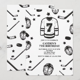 Convites Aniversário de 7 anos de Hockey preto e branco