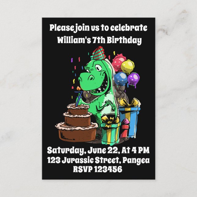 Convites Aniversário de 7 anos, Dinossauro, Bday, Para Meni (Frente)