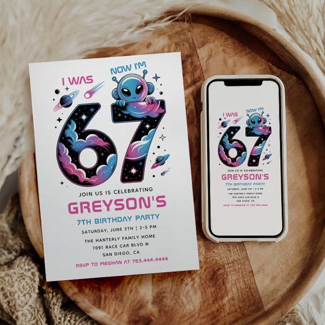 Convites Aniversário de 7 anos do Cute Space | Seis e Sete  (Cute Space 7th Birthday | Six & Seven Year Old Invitation
)