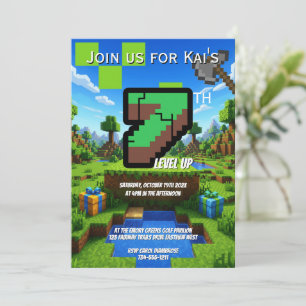 Convites Aniversário de 7 anos do Gamer Pixelado Verde Subi