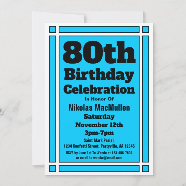 Convites Aniversário de 80 anos Azul Brilhante (Frente)