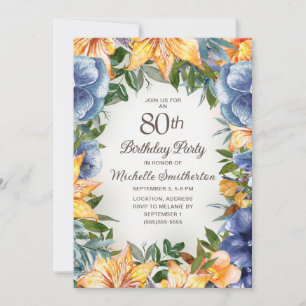 Convites Aniversário de 80 anos Blue Orange Floral