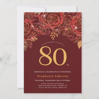 Convites Aniversário de 80 anos Burgundy Dourado Floral Ele