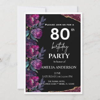 Convites Aniversário de 80 anos Burgundy Floral Moody Elega