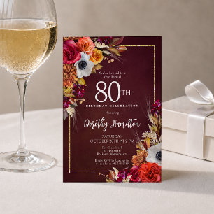 Convites Aniversário de 80 anos Burgundy Flores de Outono E