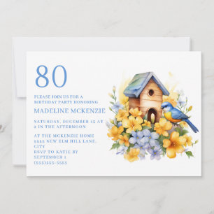 Convites Aniversário de 80 anos Casa de Pássaros Azul Flore