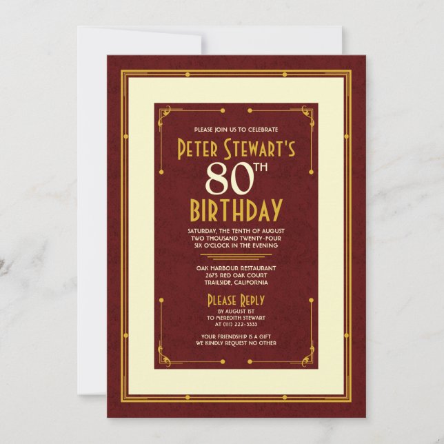 Convites Aniversário de 80 anos clássico do homem simples e (Frente)