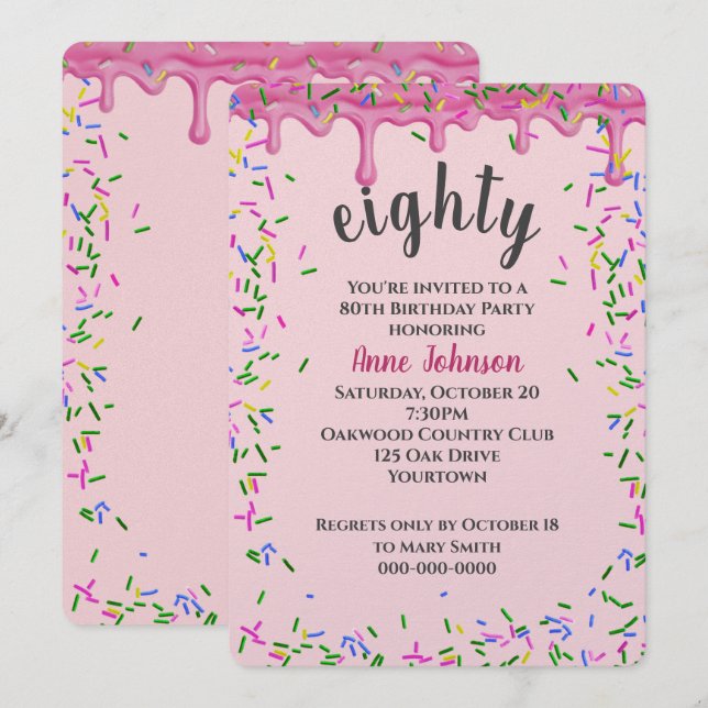 Convites Aniversário de 80 anos com glacê rosa e confeitos (Frente/Verso)