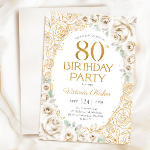 Convites Aniversário de 80 anos Creme Dourado Floral Femini