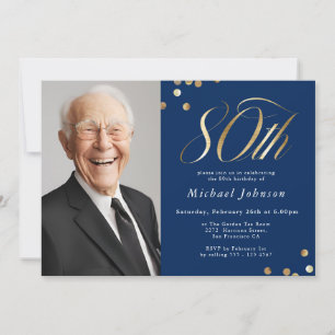 Convites Aniversário de 80 anos elegante em azul marinho e 